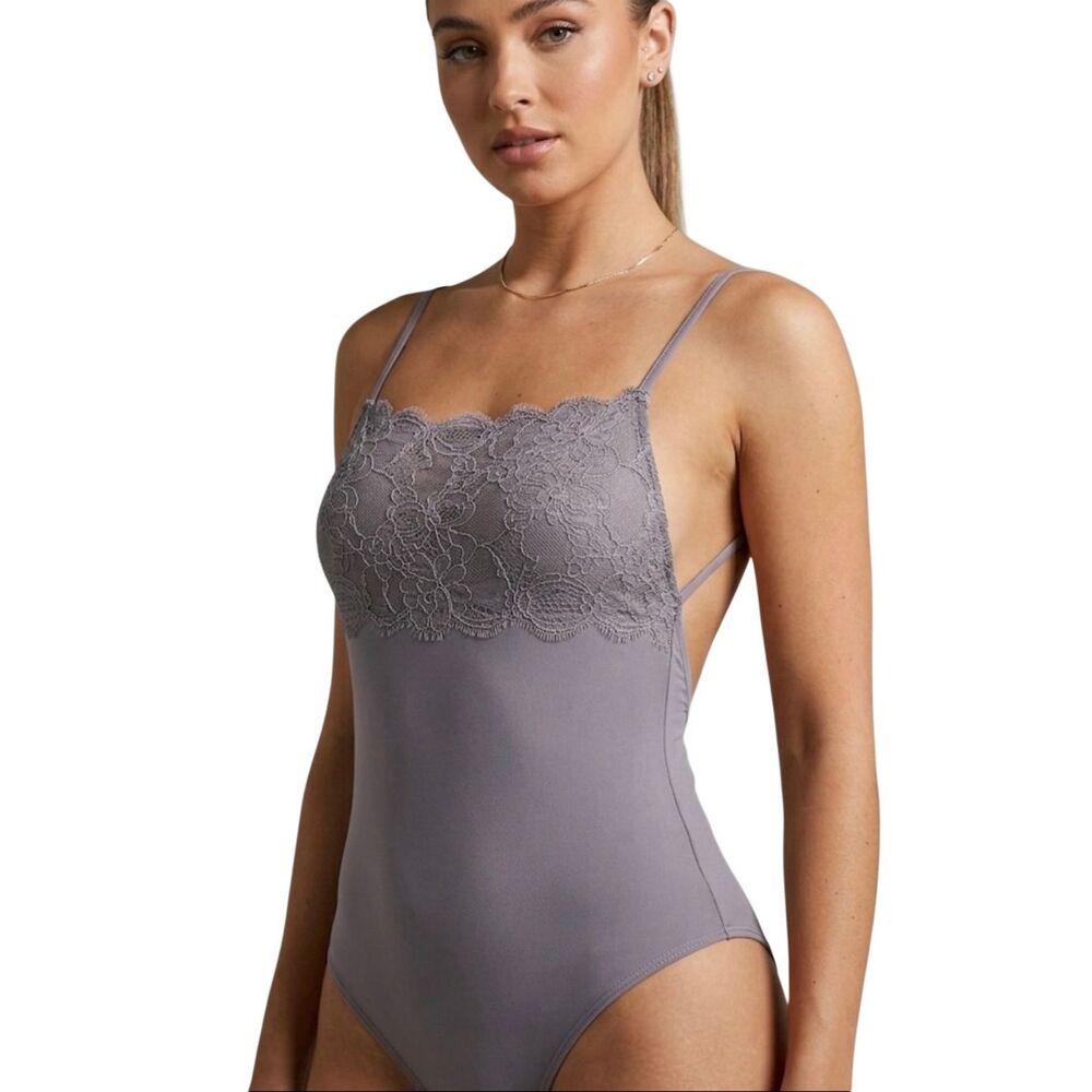 NWT H&M Grey-Purple Lace Cami Bodysuit - Intricate Floral Details size XS